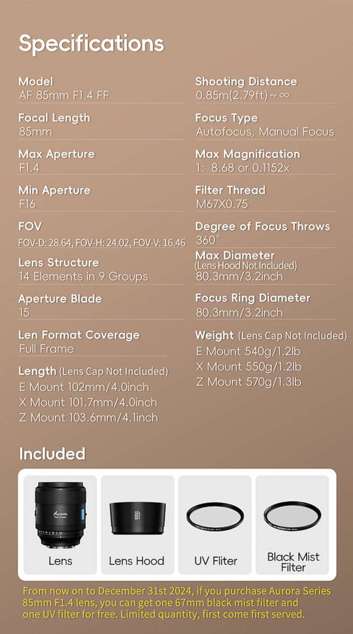 Sirui  Lens Aurora Full Frame AF 85mm F1.4 |  Nikon Z