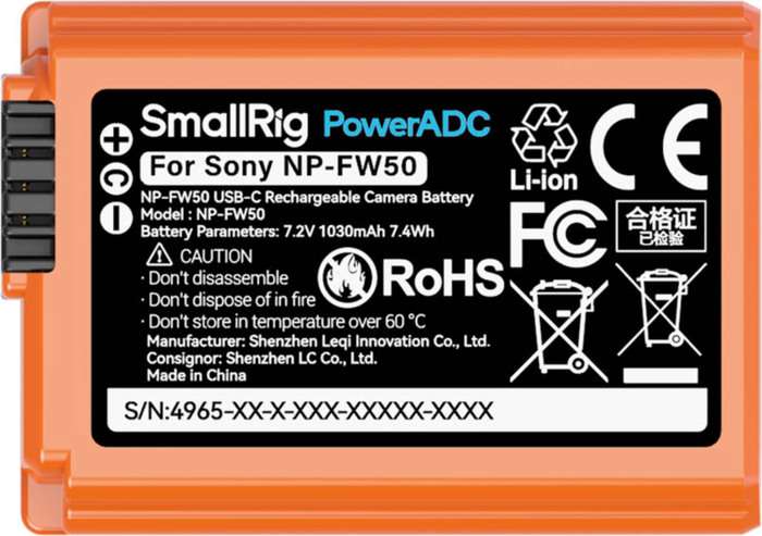 Smallrig 4965 NP-FW50 USB-C Rechargeable Camera Battery Orange