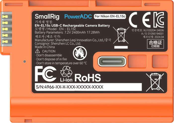 Smallrig 4966 EN-EL15c USB-C Rechargeable Camera Battery Orange