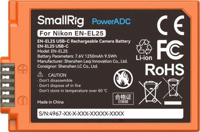Smallrig 4967 EN-EL25 USB-C Rechargeable Camera Battery Orange