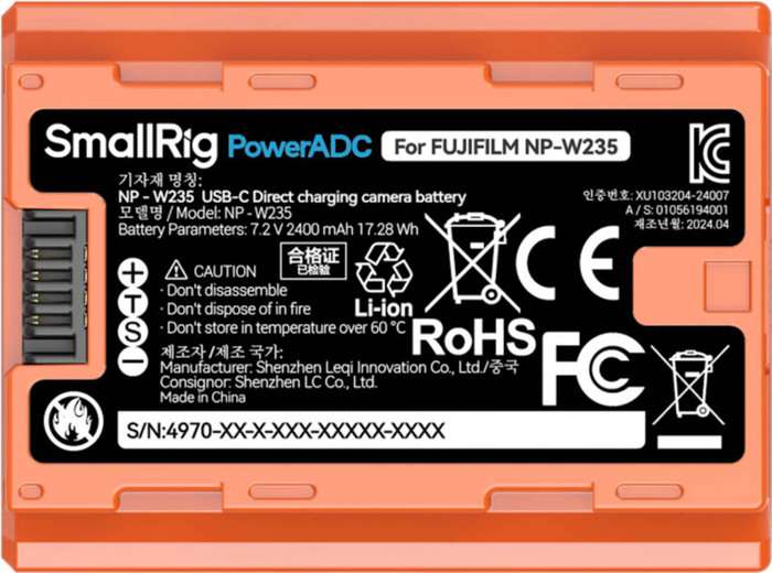 Smallrig 4970 NP-W235 USB-C Rechargeable Camera Battery Orange