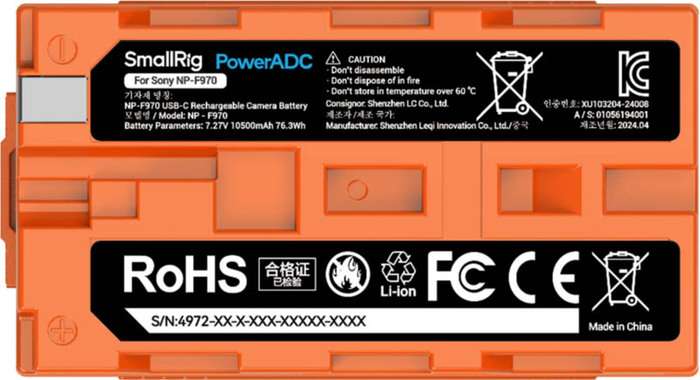 Smallrig 4972 NP-F970 USB-C Rechargeable Camera Battery Orange