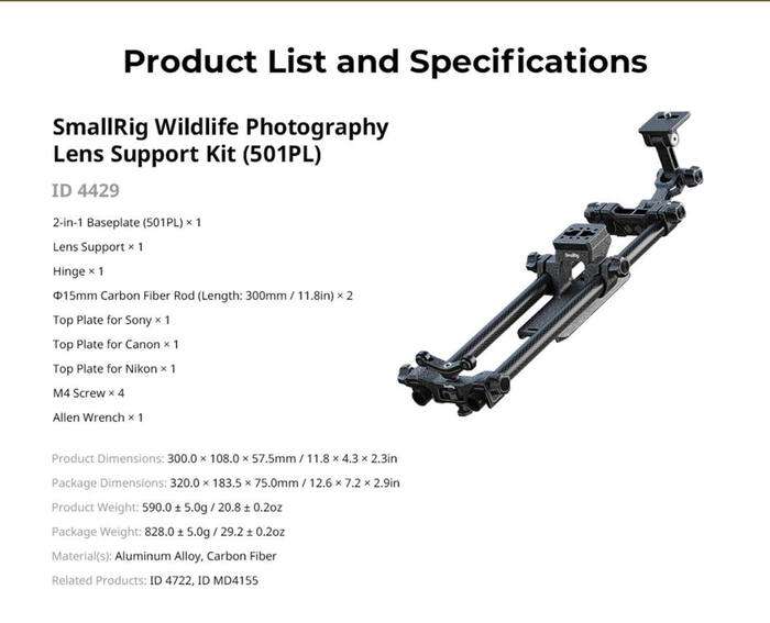 SmallRig  4429 Wildlife Photography Lens Support Kit (501PL) | podpora teleobjektivů s Manfrotto 501 PL