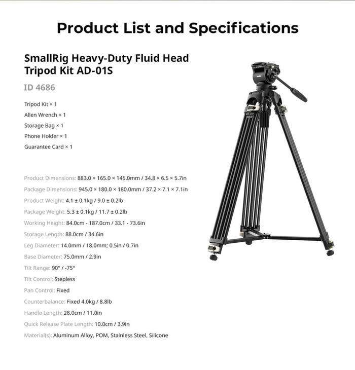 SmallRig  4686 Heavy-Duty Fluid Head Video Tripod Kit AD-01S  |  Video stativ