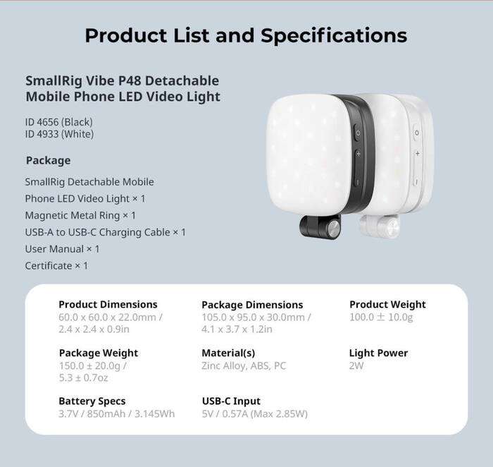 SmallRig  4933 Vibe P48 Detachable Mobile Phone LED Video Light White | Světlo pro smartphone s nastavitelnou teplotou