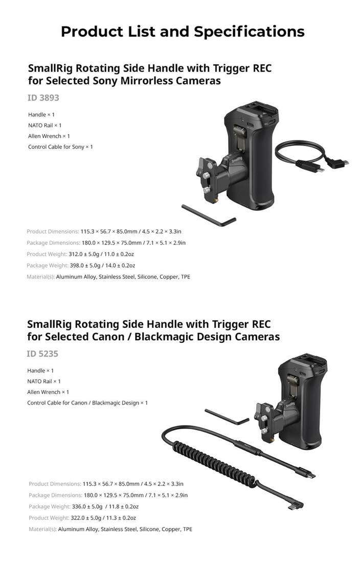 SmallRig  3893 Rotating Side Handle with Trigger REC for Selected Sony Mirrorless Cameras | rukojeť s ovládáním a nebíjením