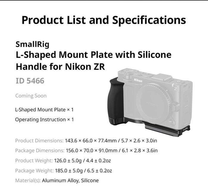 SmallRig  5466 L-Shaped Mount Plate with Silicone Handle for Nikon ZR | L-plate